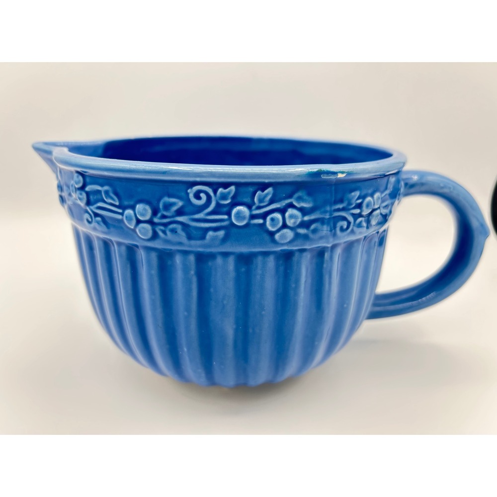 Vintage Swiss Colony Blue Ceramic Pottery Mixing Bowl Glossy Floral Pattern - Picture 2 of 6
